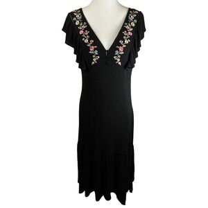 Forever 21 Medium‎ Black Embroidered Flutter Sleeve Midi Dress Boho Cottagecore